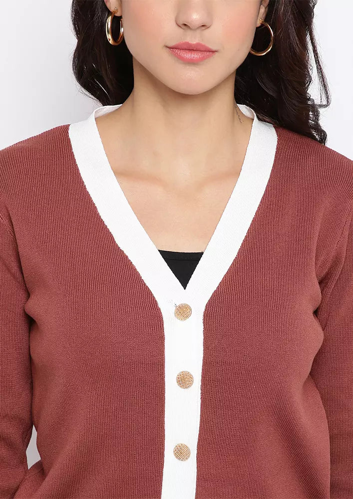 Brown Front Button Colorblocked Cardigan And Pencil Skirt Set
