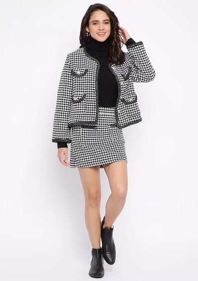Black & White Tweed Short Blazer And Mini Skirt Set