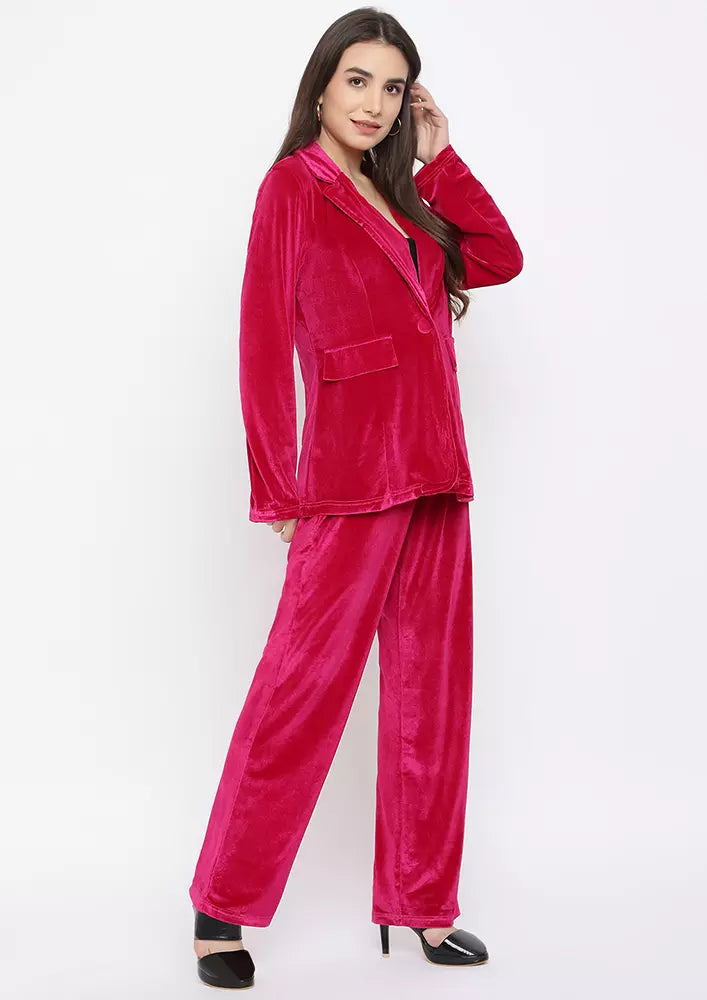 Pink Velvet Blazer And Pants Two Piece Set