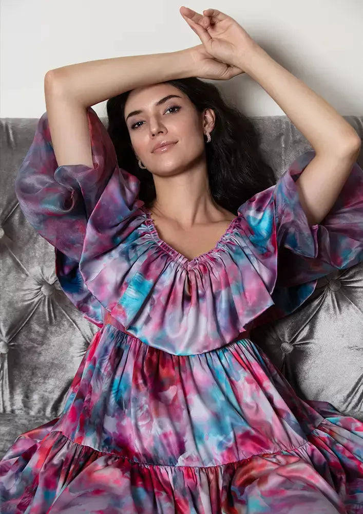 Marble Tie-Dye Print Plunge Neck Ruffle Tiered Dress IKI CHIC Private Ltd