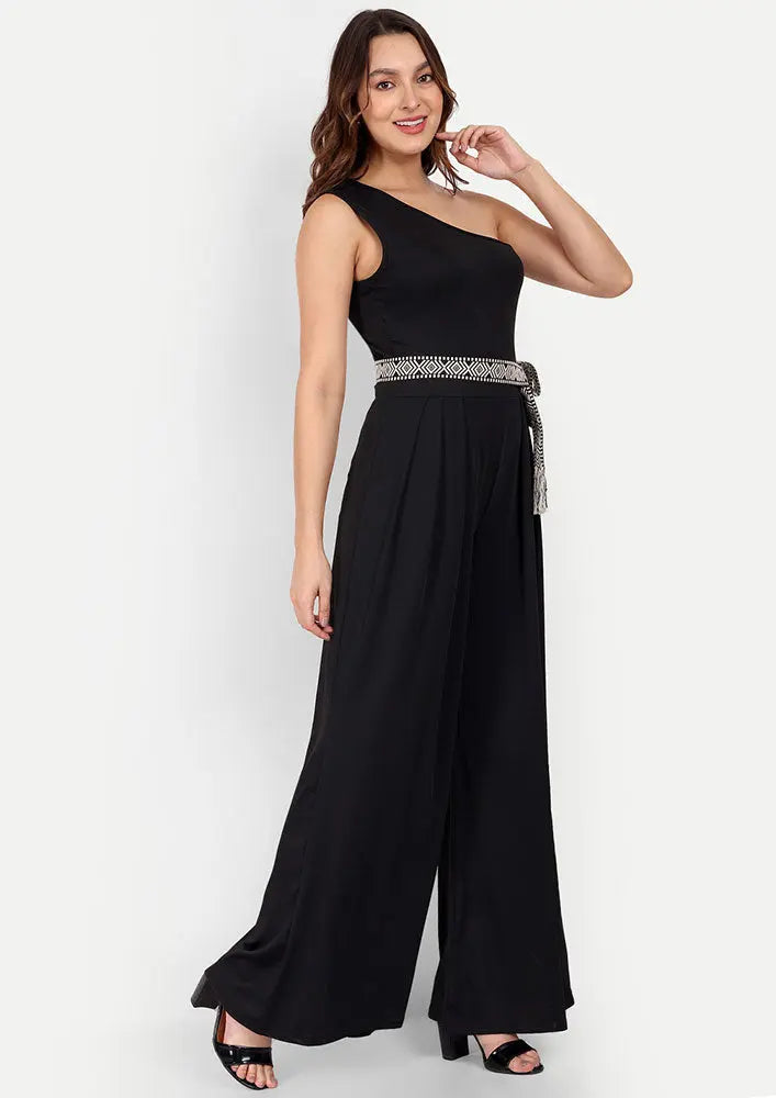 Black One Shoulder Wide Leg Jumpsuit IKI CHIC Private Ltd
