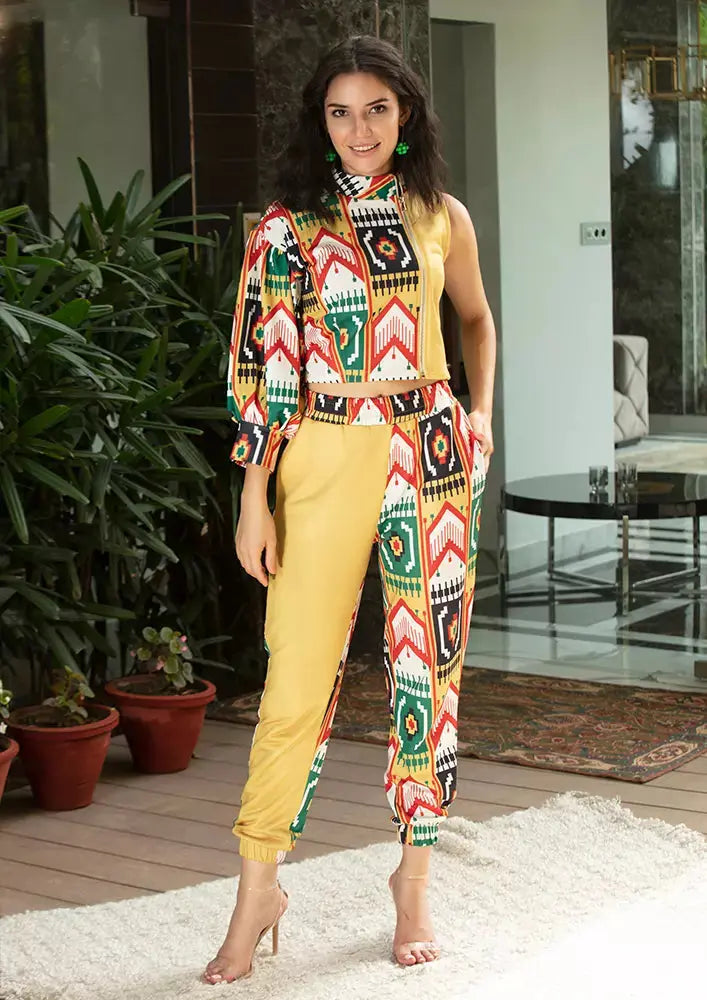 Ikat Print Colorblock One Sleeve Crop Top And Joggers Set IKI CHIC Private Ltd