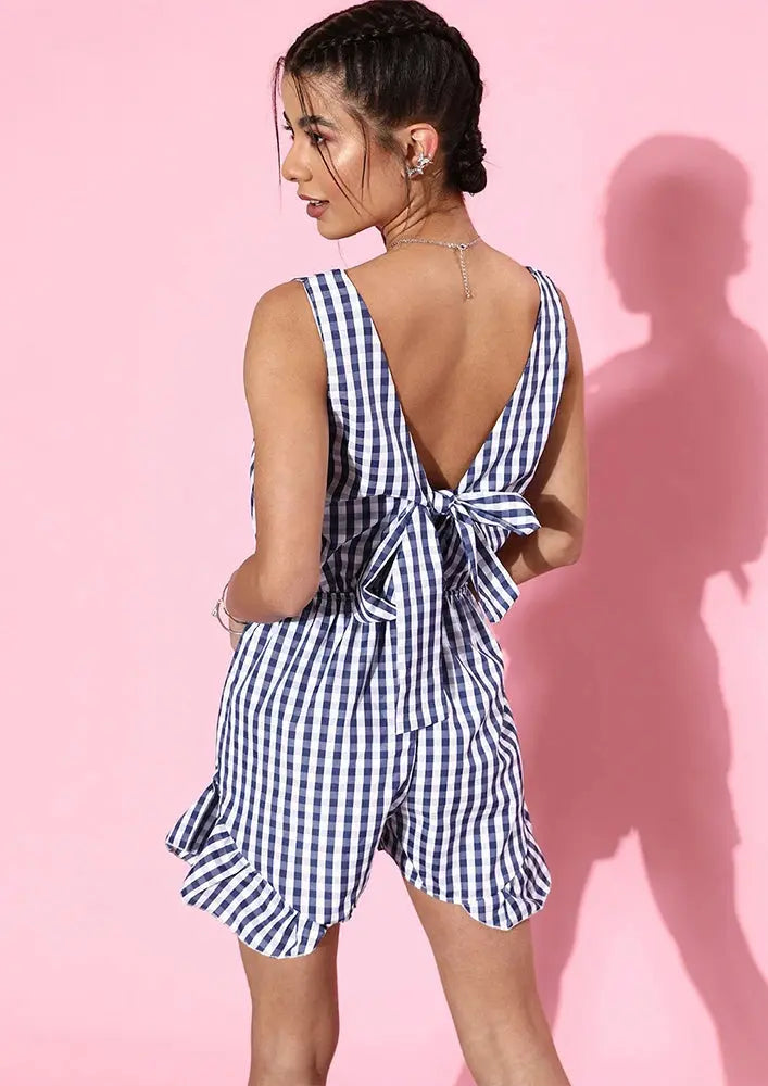 Blue Gingham Plunge Neck Playsuit IKI CHIC Private Ltd