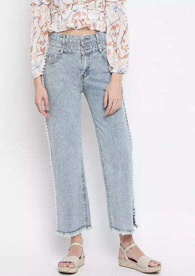 Light Blue Washed Pearl Detail Wide Leg Jeans