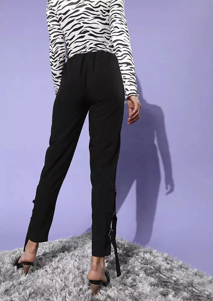 Black Buckled Ankle Cargo Trousers IKI CHIC Private Ltd